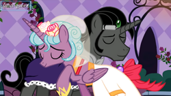 Size: 1920x1080 | Tagged: safe, artist:luna.queex, edit, edited screencap, idw, imported from derpibooru, screencap, king sombra, radiant hope, alicorn, pony, unicorn, a canterlot wedding, alicornified, clothes, dress, eyelashes, eyes closed, female, flower, flower in hair, good king sombra, grin, hoof shoes, hopebra, hopecorn, horn, idw showified, indoors, male, mare, peytral, race swap, raised hoof, shipping, smiling, stallion, straight, wedding dress, wings