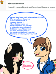 Size: 1200x1600 | Tagged: safe, artist:amgiwolf, imported from derpibooru, oc, oc only, oc:amgi, oc:applewolf, earth pony, pony, ask, blushing, clothes, dialogue, duo, earth pony oc, female, male, mare, open mouth, smiling, stallion