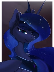 Size: 2635x3500 | Tagged: safe, alternate version, artist:therealf1rebird, imported from derpibooru, princess luna, alicorn, pony, bust, constellation, cute, cute little fangs, ethereal mane, fangs, female, horn, looking at you, lunabetes, mare, portrait, solo, starry mane, stars, wings