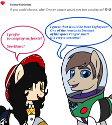 Size: 1200x1344 | Tagged: safe, artist:amgiwolf, imported from derpibooru, oc, oc only, oc:amgi, oc:applewolf, earth pony, pony, ask, buzz lightyear, clothes, cosplay, costume, dialogue, duo, earth pony oc, female, hat, male, mare, open mouth, smiling, stallion, toy story, woody