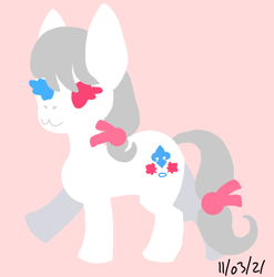 Size: 3522x3559 | Tagged: safe, artist:switcharoo, imported from derpibooru, oc, oc only, oc:maple iys, earth pony, pony, art trade, bow, female, hair bow, heterochromia, mare, pink background, simple background, solo, tail bow