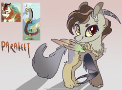 Size: 2263x1668 | Tagged: safe, artist:caramelbolt24, imported from derpibooru, autumn blaze, discord, oc, oc:parakeet, draconequus, kirin, pony, abstract background, crack ship offspring, draconequus oc, ear fluff, female, heterochromia, horns, interspecies offspring, male, offspring, parent:autumn blaze, parent:discord, screencap reference, signature, smiling, wings