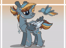 Size: 2284x1668 | Tagged: safe, artist:caramelbolt24, imported from derpibooru, oc, oc only, pegasus, pony, abstract background, chest fluff, colored hooves, ear fluff, feathered fetlocks, jewelry, magical lesbian spawn, male, necklace, offspring, parent:applejack, parent:rainbow dash, parents:appledash, pegasus oc, signature, smiling, solo, stallion, wings