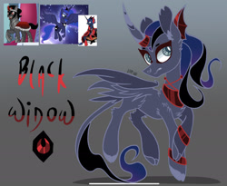 Size: 2035x1668 | Tagged: safe, artist:caramelbolt24, idw, imported from derpibooru, princess luna, oc, oc:black widow, alicorn, pony, unicorn, reflections, spoiler:comic, cloven hooves, ear fluff, evil counterpart, evil luna, female, flying, gradient background, horn, leonine tail, makeup, male, mare, mirror universe, offspring, parent:king sombra, parent:princess luna, parents:lumbra, peytral, signature, stallion, wings