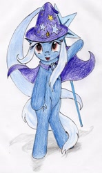 Size: 2343x3966 | Tagged: safe, artist:40kponyguy, derpibooru exclusive, imported from derpibooru, trixie, pony, unicorn, bipedal, cape, chest fluff, clothes, cutie mark background, ear fluff, female, hat, looking at you, mare, simple background, solo, traditional art, trixie's cape, trixie's hat