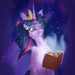 Size: 4000x4000 | Tagged: safe, artist:sugarypolecat, imported from derpibooru, twilight sparkle, alicorn, pony, book, cheek fluff, crown, ear fluff, horn, jewelry, magic, multicolored hair, purple eyes, regalia, solo, twilight sparkle (alicorn), wings