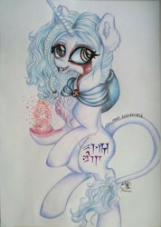 Size: 729x1024 | Tagged: safe, artist:maryhoovesfield, imported from derpibooru, oc, oc only, pony, unicorn, bipedal, braid, chest fluff, ear fluff, eyelashes, fire, grin, horn, leonine tail, pyromancy, signature, smiling, solo, traditional art, unicorn oc