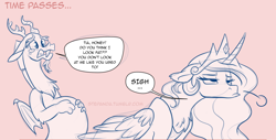 Size: 1280x648 | Tagged: safe, artist:stepandy, imported from derpibooru, discord, princess celestia, alicorn, draconequus, pony, unicorn, dislestia, female, male, male pregnancy, pregcord, pregnant, shipping, straight