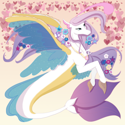Size: 2000x2000 | Tagged: safe, artist:kalimoo-art, imported from derpibooru, oc, oc only, seapony (g4), blue eyes, clothes, collar, dorsal fin, eyelashes, female, fin wings, fins, fish tail, flower, flowing mane, flowing tail, heart, jewelry, necklace, pearl necklace, seashell, see-through, simple background, smiling, solo, tail, wings, yellow background