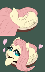Size: 1280x2043 | Tagged: safe, artist:inky_mitts, artist:inkypuso, imported from derpibooru, fluttershy, pegasus, pony, behaving like a cat, curled up, cute, daaaaaaaaaaaw, female, folded wings, green background, heart, if i fits i sits, looking at you, looking up, looking up at you, lying down, mare, nap, pet bed, prone, shyabetes, simple background, sleeping, smiling, solo, wings