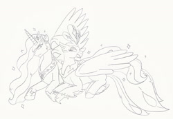 Size: 2055x1419 | Tagged: safe, artist:creamecream, imported from derpibooru, princess celestia, queen novo, alicorn, classical hippogriff, hippogriff, pony, my little pony: the movie, beak, claws, collar, colored pupils, crown, feather, female, hoof shoes, horn, jewelry, lesbian, novolestia, regalia, shipping, simple background, smiling, sparkles, tail, traditional art, white background, wings
