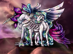 Size: 2000x1500 | Tagged: safe, artist:nightmarederpy, imported from derpibooru, princess celestia, queen novo, alicorn, classical hippogriff, hippogriff, pony, my little pony: the movie, beak, claws, collar, crepuscular rays, crown, ethereal mane, feather, female, flowing tail, horn, jewelry, lesbian, looking at each other, novolestia, regalia, shipping, sky, smiling, sparkles, spread wings, starry mane, sunlight, tail, wings