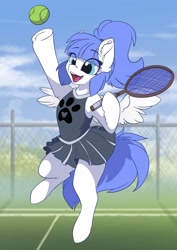 Size: 2481x3507 | Tagged: safe, artist:arctic-fox, imported from derpibooru, oc, oc only, oc:snow pup, pegasus, pony, ball, clothes, female, paw prints, skirt, solo, sports, tennis, tennis ball, tennis racket