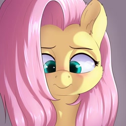 Size: 2000x2000 | Tagged: safe, artist:aquaticvibes, imported from derpibooru, fluttershy, pony, blushing, bust, cheek fluff, cute, ear fluff, female, front view, full face view, gray background, high res, looking down, mare, portrait, shyabetes, simple background, solo