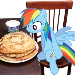 Size: 512x512 | Tagged: safe, imported from derpibooru, rainbow dash, chair, food, kot blini, pancake day, pancakes, sitting, table