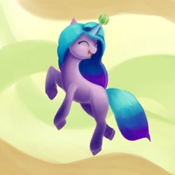 Size: 1600x1600 | Tagged: safe, artist:srbolsa6, imported from derpibooru, izzy moonbow, pony, unicorn, abstract background, ball, eyes closed, female, g5, horn, horn guard, horn impalement, hornball, izzy's tennis ball, mare, open mouth, raised hoof, tennis ball, unshorn fetlocks