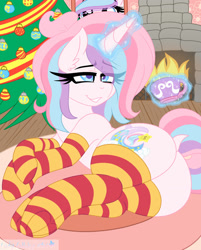 Size: 1280x1595 | Tagged: safe, artist:ladylullabystar, imported from derpibooru, oc, oc:lullaby star, pony, unicorn, butt, christmas, christmas tree, clothes, female, holiday, lying down, magic, mare, plot, prone, socks, solo, striped socks, tree