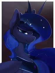 Size: 2635x3500 | Tagged: safe, alternate version, artist:therealf1rebird, imported from derpibooru, princess luna, alicorn, pony, fangs, female, horn, looking at you, mare, solo, stars, wings