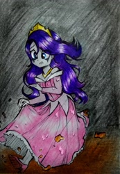 Size: 2571x3706 | Tagged: safe, artist:liaaqila, imported from derpibooru, rarity, human, equestria girls, clothes, commission, disney princess, dress, gown, humanized, mud, princess aurora, rain, traditional art, wet clothes, wet dress