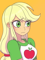 Size: 1620x2160 | Tagged: safe, artist:haibaratomoe, imported from derpibooru, applejack, human, equestria girls, apple, blonde hair, blushing, breasts, bust, busty applejack, clothes, cute, cutie mark, cutie mark on clothes, embarrassed, eyebrows, eyebrows visible through hair, female, food, freckles, green eyes, jackabetes, missing accessory, ponytail, shiny hair, shirt, simple background, solo, t-shirt, yellow background