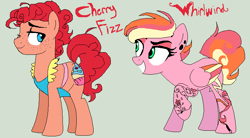 Size: 756x418 | Tagged: safe, artist:captainsnarkyninja, imported from derpibooru, oc, oc:cherry fizz, oc:whirlwind, earth pony, pegasus, earth pony oc, eyeshadow, looking at each other, magical lesbian spawn, makeup, offspring, parent:pinkie pie, parent:rainbow dash, parents:pinkiedash, pegasus oc, smiling, wings