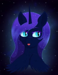 Size: 1874x2413 | Tagged: safe, artist:dyonys, imported from derpibooru, oc, oc:nyx, alicorn, pony, fanfic:past sins, :p, bust, cute, ethereal mane, female, fluffy, mare, night, night sky, ocbetes, sky, starry mane, stars, tongue out, wings