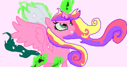 Size: 647x345 | Tagged: safe, artist:captainsnarkyninja, imported from derpibooru, princess cadance, queen chrysalis, alicorn, changeling, changeling queen, evil grin, fake cadance, female, grin, looking up, shapeshifting, smiling, solo, transformation, transforming