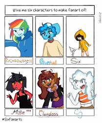 Size: 1004x1200 | Tagged: safe, artist:ddddashie, imported from derpibooru, rainbow dash, anthro, cat, demon, human, imp, werewolf, wolf, six fanarts, equestria girls, bust, clawdeen wolf, clothes, cloud, cloudy jay, crossover, fingerless gloves, gloves, grin, gumball watterson, hand on hip, helluva boss, humanoid, little nightmares, millie (helluva boss), millie knolastname, monster high, open mouth, raincoat, regular show, six (little nightmares), skirt, smiling, the amazing world of gumball