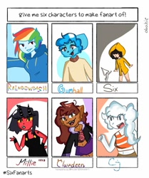 Size: 1004x1200 | Tagged: safe, alternate version, artist:ddddashie, imported from derpibooru, rainbow dash, anthro, cat, demon, human, imp, werewolf, wolf, six fanarts, equestria girls, bust, clawdeen wolf, clothes, cloud, cloudy jay, crossover, female, fingerless gloves, gloves, grin, gumball watterson, hand on hip, helluva boss, humanoid, little nightmares, millie (helluva boss), millie knolastname, monster high, open mouth, raincoat, regular show, six (little nightmares), skirt, smiling, the amazing world of gumball