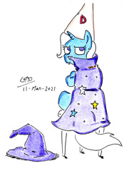Size: 1024x1472 | Tagged: safe, artist:gafelpoez, imported from derpibooru, trixie, pony, unicorn, cape, clothes, dunce hat, female, hat, mare, solo, traditional art, trixie's cape, trixie's hat