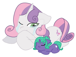 Size: 800x603 | Tagged: safe, artist:opalescentartist, imported from derpibooru, sweetie belle, oc, oc:seamist ruby, dracony, dragon, hybrid, pony, alternate cutie mark, aunt and niece, crying, deviantart watermark, duo, interspecies offspring, lying down, obtrusive watermark, offspring, older, older sweetie belle, parent:rarity, parent:spike, parents:sparity, simple background, transparent background, watermark