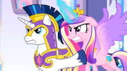 Size: 1075x605 | Tagged: safe, imported from derpibooru, screencap, princess cadance, shining armor, alicorn, pony, unicorn, the beginning of the end, angry, armor, duo, magic, royal guard armor, spread wings, wings