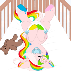 Size: 2995x2995 | Tagged: safe, artist:xcinnamon-twistx, imported from derpibooru, oc, baby, bed, colored sketch, commission, crib, diaper, non-baby in diaper, pacifier, sketch, ych result, your character here