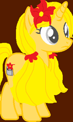 Size: 242x404 | Tagged: safe, artist:westhemime, imported from derpibooru, pony, unicorn, base used, brown background, cutie mark, don't starve, female, flower, flower in hair, frown, lily (flower), mare, ponified, simple background, wendy (don't starve)