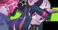 Size: 2480x1292 | Tagged: safe, artist:potetecyu_to, imported from derpibooru, twilight sparkle, pony, backwards ballcap, bandaid, bandaid on nose, baseball cap, cap, female, hat, mare, misleading thumbnail, solo