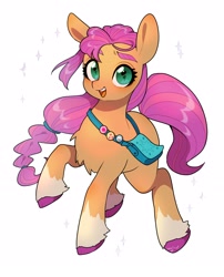 Size: 2480x3074 | Tagged: safe, artist:potetecyu_to, imported from derpibooru, sunny starscout, earth pony, pony, badge, bag, braid, chest fluff, coat markings, cute, female, fluttershy's cutie mark, g5, high res, looking at you, mare, open mouth, rainbow dash's cutie mark, satchel, simple background, socks (coat marking), socks (coat markings), solo, sparkles, sunnybetes, twilight sparkle's cutie mark, unshorn fetlocks, white background