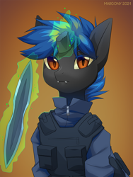 Size: 900x1196 | Tagged: safe, artist:margony, imported from derpibooru, oc, oc only, oc:sheldie, changeling, pony, unicorn, broken horn, bust, clothes, commission, digital art, female, glowing horn, horn, looking at you, magic, male, mare, portrait, simple background, solo, stallion