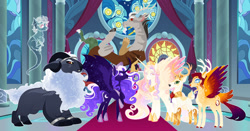 Size: 1280x673 | Tagged: safe, artist:felinenostalgic, imported from derpibooru, discord, king aspen, princess celestia, princess luna, oc, oc:eventide, oc:lacuna, oc:zodiac, deer, deer pony, draconequus, hybrid, original species, pony, aspenlestia, female, interspecies offspring, lunacord, male, offspring, parent:discord, parent:king aspen, parent:princess celestia, parent:princess luna, parents:aspenlestia, parents:lunacord, shipping, straight