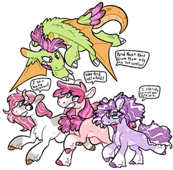 Size: 1011x1000 | Tagged: safe, artist:fastserve, imported from derpibooru, oc, oc only, oc:dashing lad, oc:peach blossom, oc:quartz blast, oc:regal plum, earth pony, pony, unicorn, blank flank, colt, female, filly, flying, interspecies offspring, magical lesbian spawn, male, next generation, offspring, parent:apple bloom, parent:diamond tiara, parent:pipsqueak, parent:scootaloo, parent:spike, parent:sweetie belle, parents:diamondbloom, parents:scootaspike, parents:sweetiesqueak, running, simple background, transparent background