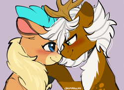 Size: 1363x994 | Tagged: safe, artist:cottonsweets, imported from derpibooru, velvet reindeer, oc, oc:sirpsychojr, deer, reindeer, them's fightin' herds, blushing, community related, cute, female, male, shipping, straight, velvet (tfh)