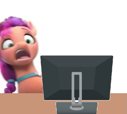 Size: 559x500 | Tagged: safe, edit, edited screencap, imported from derpibooru, screencap, sunny starscout, pony, computer, faic, g5, monitor, reaction image, scared, screaming, solo