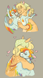 Size: 1280x2281 | Tagged: safe, artist:halfcrazydaisy, imported from derpibooru, applejack, rainbow dash, earth pony, pegasus, pony, alternate design, appledash, bridal carry, carrying, chest fluff, coat markings, colored hooves, colored wings, female, gray background, hair bun, heart, hug, kerchief, lesbian, multicolored wings, open mouth, rainbow wings, shipping, short hair, short hair rainbow dash, simple background, size difference, winghug, wings