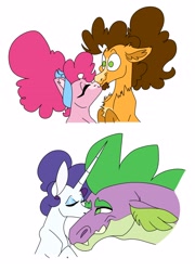 Size: 2112x2939 | Tagged: safe, artist:dodiejinx, imported from derpibooru, cheese sandwich, pinkie pie, rarity, spike, dragon, earth pony, pony, unicorn, cheek kiss, cheesepie, female, kiss on the cheek, kissing, male, mare, older, older spike, shipping, simple background, sparity, stallion, straight, white background