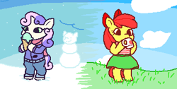 Size: 372x188 | Tagged: safe, artist:gorby, imported from derpibooru, apple bloom, sweetie belle, semi-anthro, adorabloom, clothes, cute, diasweetes, food, ice cream, pixel art