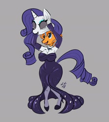 Size: 1711x1914 | Tagged: safe, artist:widdlywham, imported from derpibooru, rarity, oc, oc only, oc:cold front, anthro, pegasus, unicorn, clothes, costume, crossdressing, disguise, dress, dressing, dressup, evening gloves, eyeshadow, gloves, gray background, high heels, impersonating, jewelry, long gloves, makeup, male, mask, masking, necklace, pegasus oc, ponysuit, shoes, simple background, solo, stallion, suit, suiting, suiting up, wings, wrinkle, wrinkles