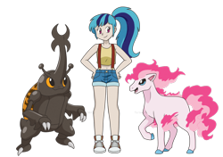 Size: 1280x900 | Tagged: safe, artist:faith-wolff, imported from derpibooru, pinkie pie, sonata dusk, heracross, human, ponyta, fanfic:the bridge, clothes, converse, costume, crossover, fanfic art, humanized, megalon, misty, pokémon, shoes, transformation