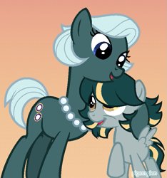 Size: 649x693 | Tagged: safe, artist:pastel-pocky, artist:pigeorgien, imported from derpibooru, oc, oc only, oc:cobalt cold, oc:uranium fever, earth pony, pegasus, pony, base used, cute, duo, female, filly, gradient background, hug, jewelry, like mother like daughter, like parent like child, mare, mother and child, mother and daughter, necklace, ocbetes