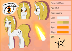 Size: 4200x3000 | Tagged: safe, artist:sojek, imported from derpibooru, oc, oc:noti chaos, pony, unicorn, blonde, chest fluff, cutie mark, fluffy, orange eyes, reference, reference sheet