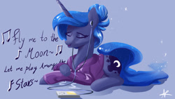 Size: 1920x1080 | Tagged: safe, artist:naafreelanceartist, imported from derpibooru, princess luna, alicorn, pony, alternate hairstyle, clothes, crossed hooves, earbuds, eyes closed, female, fly me to the moon, frank sinatra, hair bun, hoodie, ipod, lying down, mare, prone, singing, solo