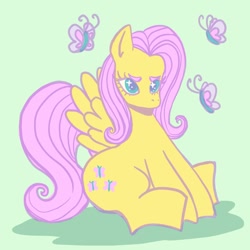 Size: 800x800 | Tagged: safe, artist:faekiwi, imported from derpibooru, fluttershy, butterfly, pegasus, pony, cute, female, green background, green eyes, mare, shyabetes, simple background, sitting, solo